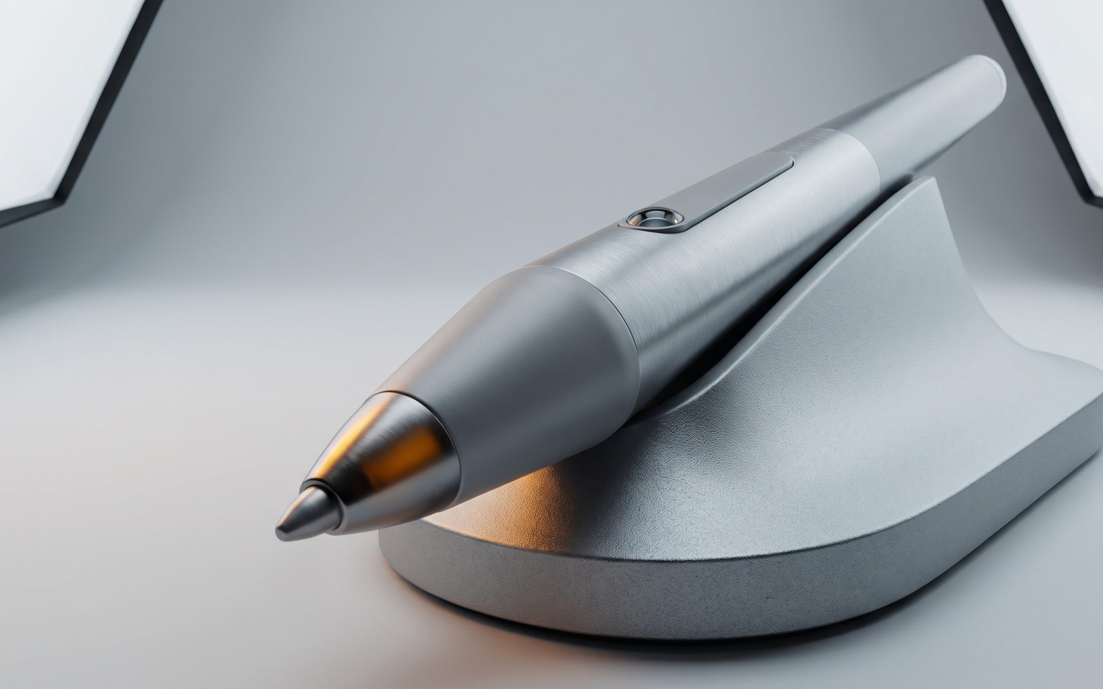 Silver stylus resting on an aluminum dock